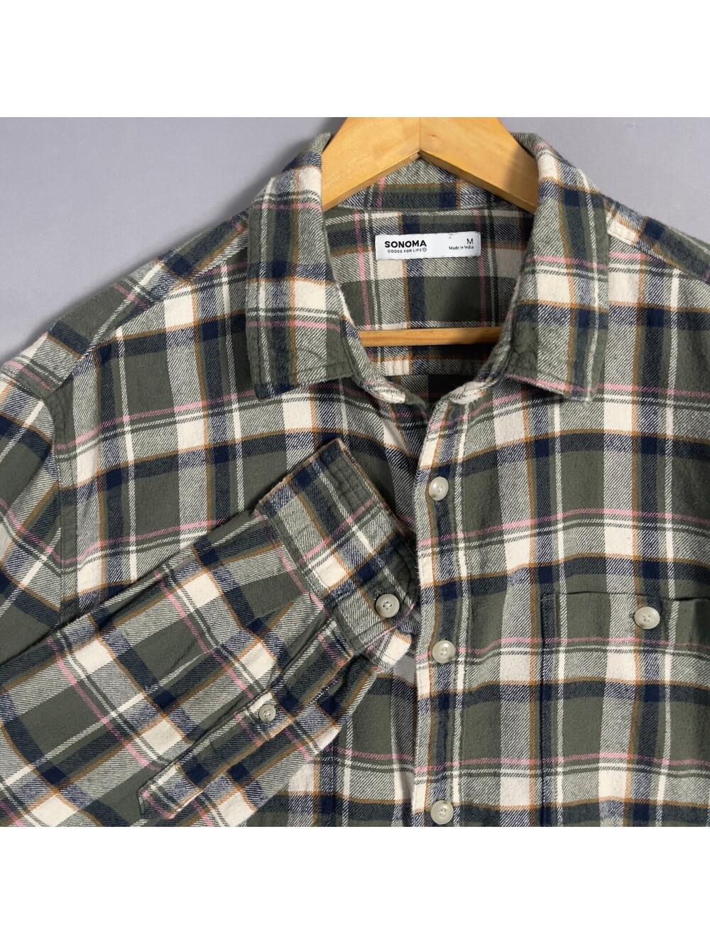 Sonoma Goods For Life Womens M Green Pink Navy Plaid Flannel Button Down Shirt